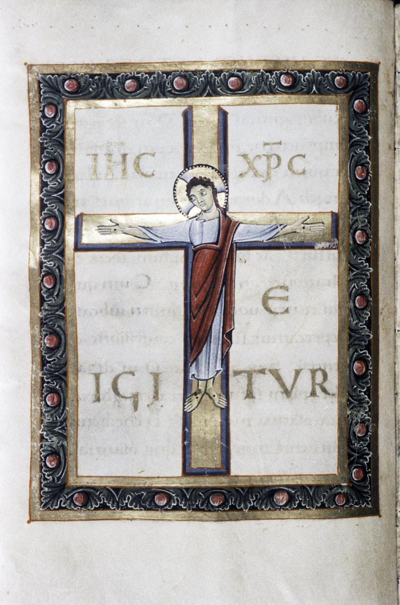 Ottonian illumination: crucifix as the ‘T’ for ‘Te igitur’, from a Sacramentary, Reichenau, early 11th cent.