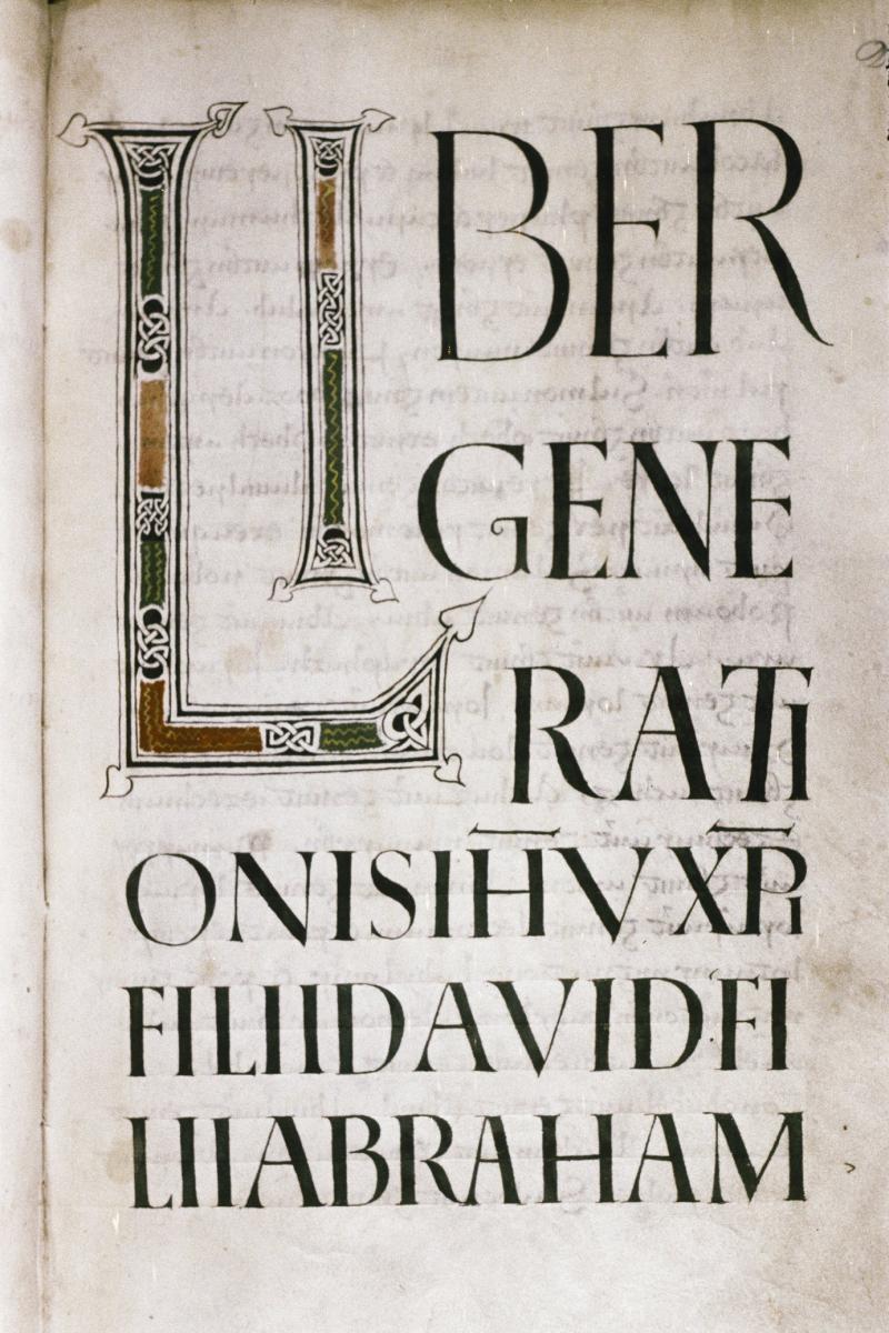 Start of St. Matthew’s Gospel. Calligraphy from Fulda, earlier 9th century, later at St. Kylian’s, Würzburg.