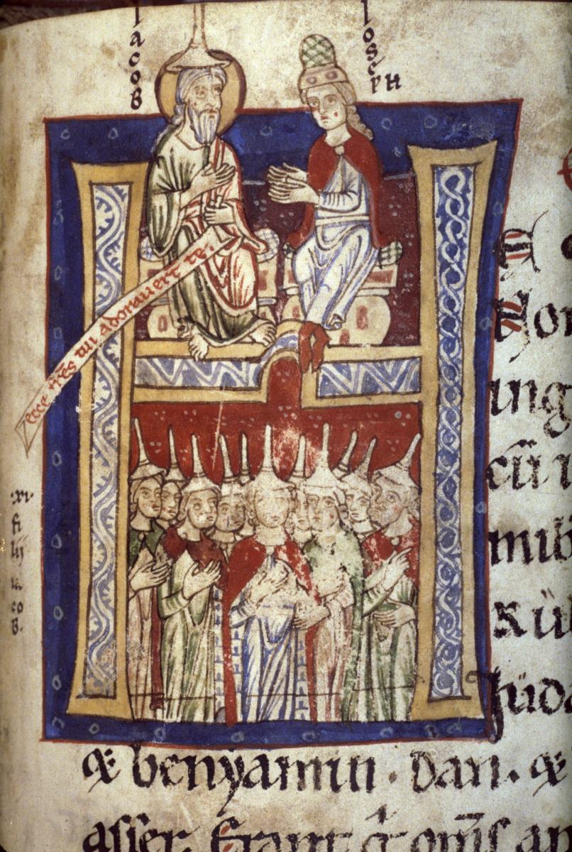 Initial ‘H’ at the start of Exodus, with Jacob and his sons. From Würzburg, early 13th cent.